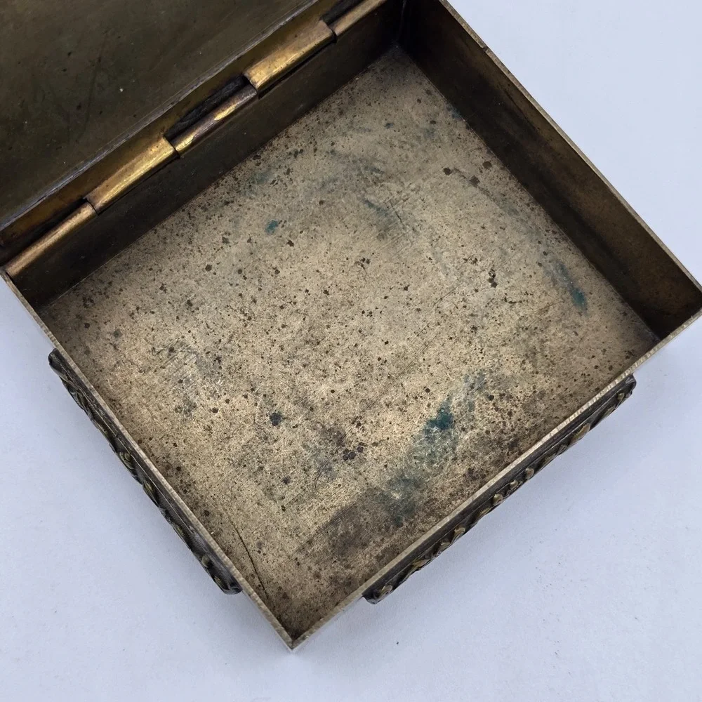 Antique Chinese Brass Jewelry Trinket Box Hinged Vtg Unique